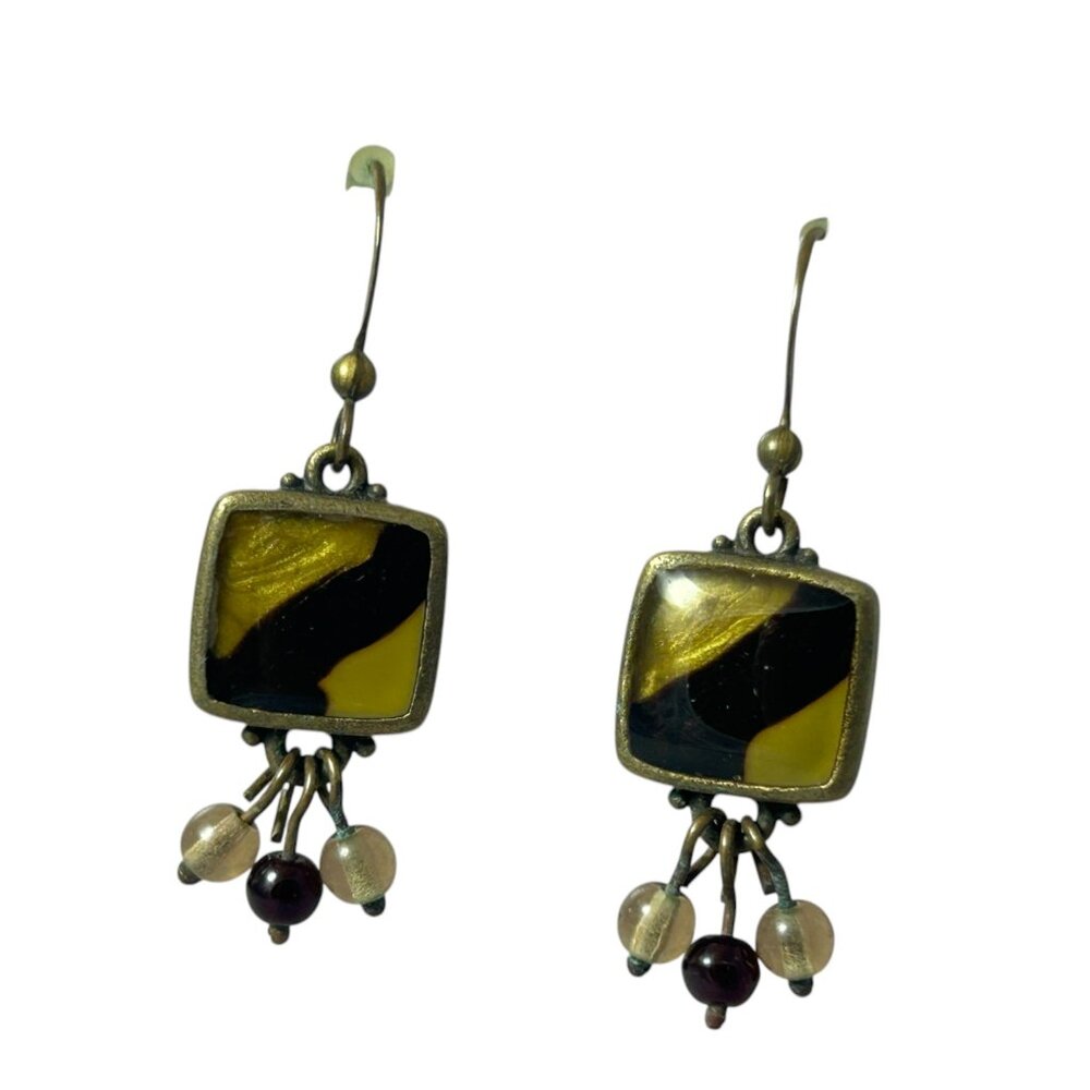 HM Signed Earrings Yellow Black Enamel Beaded Dangle Bohemian